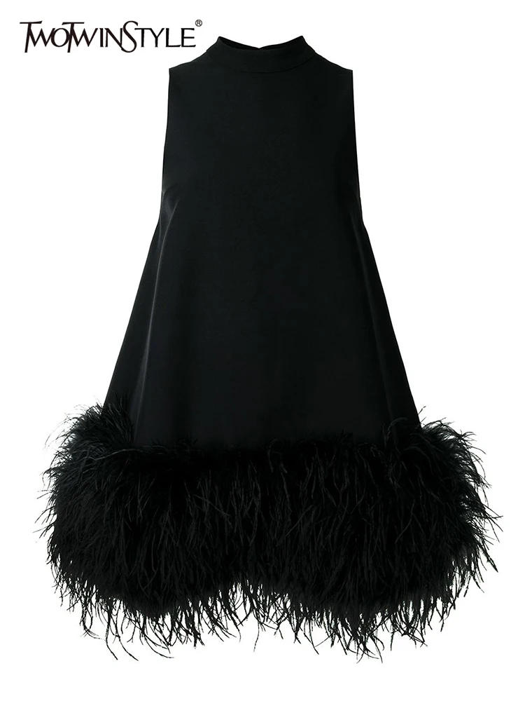 Top Trends: TWOTWINSTYLE Feather Fur Dress For Women O Neck Sleeveless Loose Tassel A Line Dresses Female Streetwear 2022 Summer Fashion New Shoppable Styles