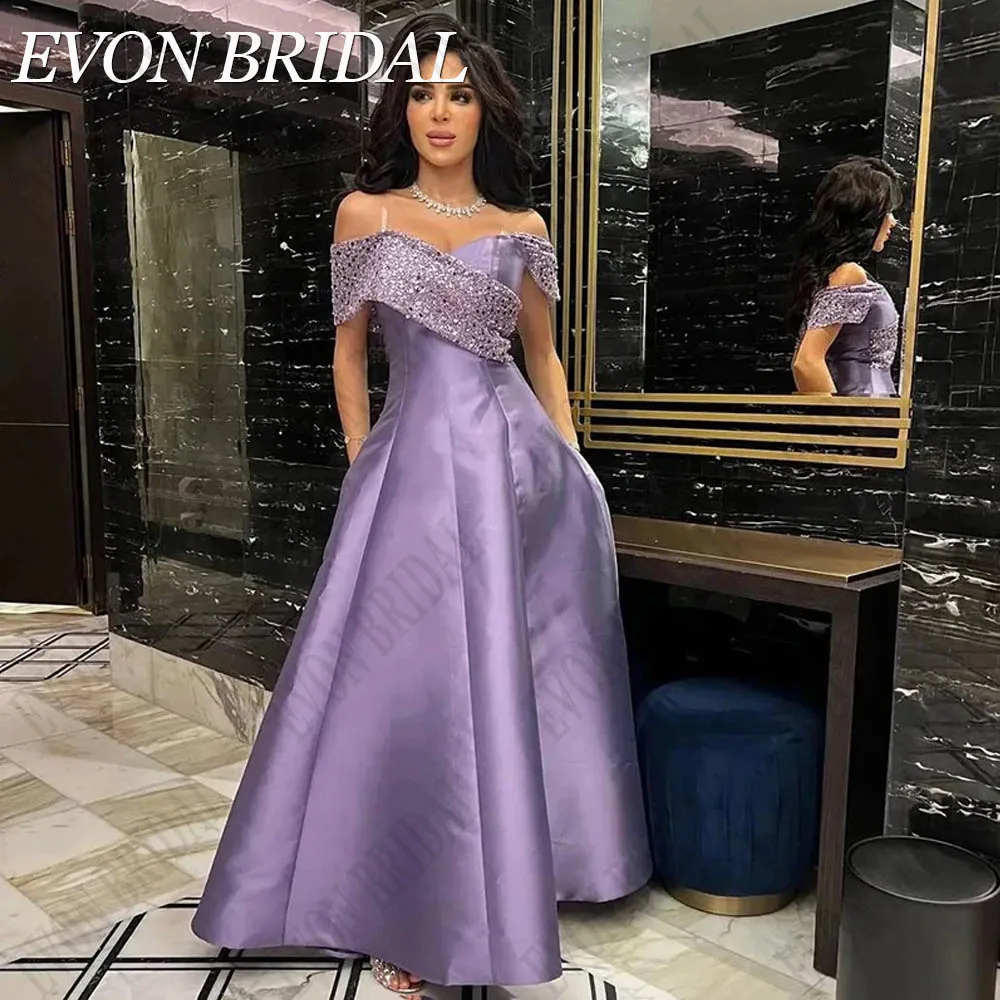 Top Trends: EVON BRIDAL Off Shoulder A-Line Prom Dress 2024 Dubai Purple Satin Sequined Formal Occasion Dresses Arabic Women فساتين السهرة Shoppable Styles