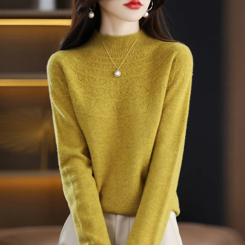 Top Trends: New Cashmere Sweater In Autumn And Winter 100% Pure Wool Women's Semi-high-necked Knitted Pullover Hollowed-out Fashion Top Shoppable Styles - Image 4