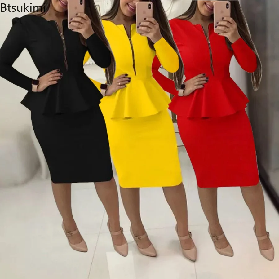 Top Trends: 2024 Women's Formal Office Skirt Sets Solid Zipper V-neck Pencil Knee-Length Business OL Skrit Sets Female Two Pieces Dress Sets Shoppable Styles