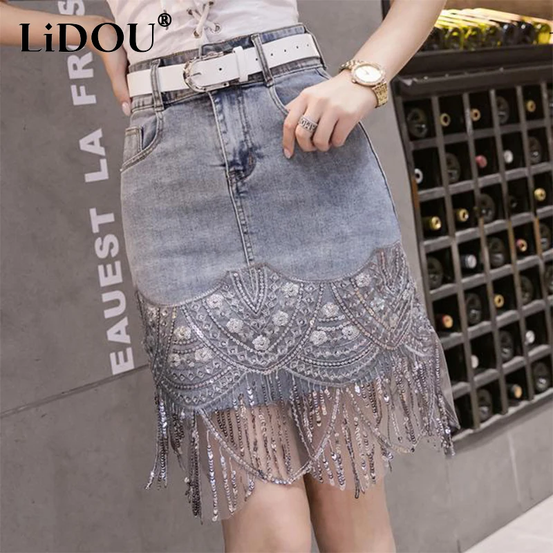 Top Trends: Summer Autumn High Waist Sequins Tassel Mini Skirt Ladies Elegant Fashion All-match Elastic Bodycon Denim Skirts Female Clothes Shoppable Styles