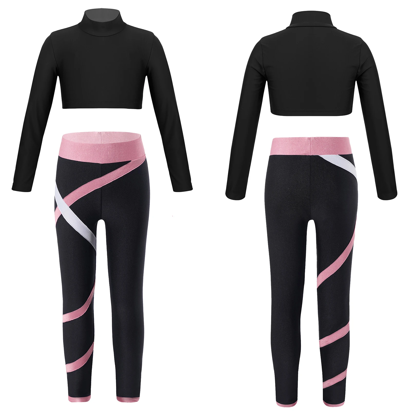 Top Trends: Kids Girls Sports Wear Long Sleeves Stretchy Skinny Crop Tops With Colorblock Leggings Set For Gym Yoga Figure Skating Workout Shoppable Styles - Image 2