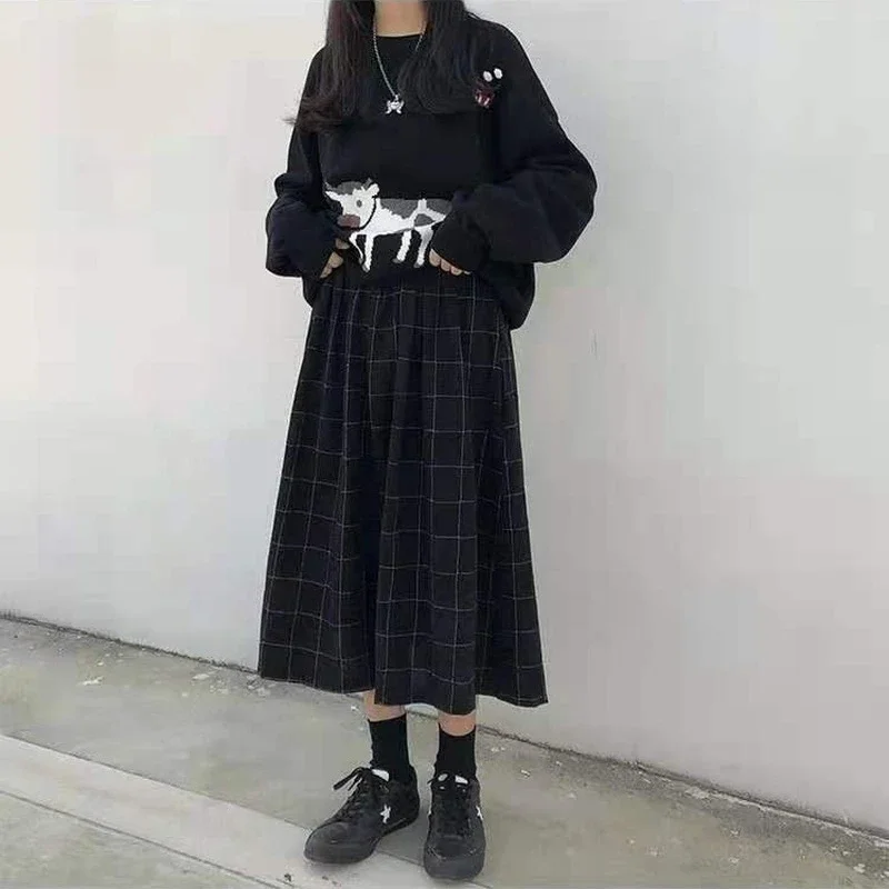 Top Trends: HOUZHOU Japanese Style Long Skirts Women 2023 Autumn Winter Plaid High Elastic Waist Loose A-line Pleated Skirt Vintage 2 Colors Shoppable Styles - Image 3