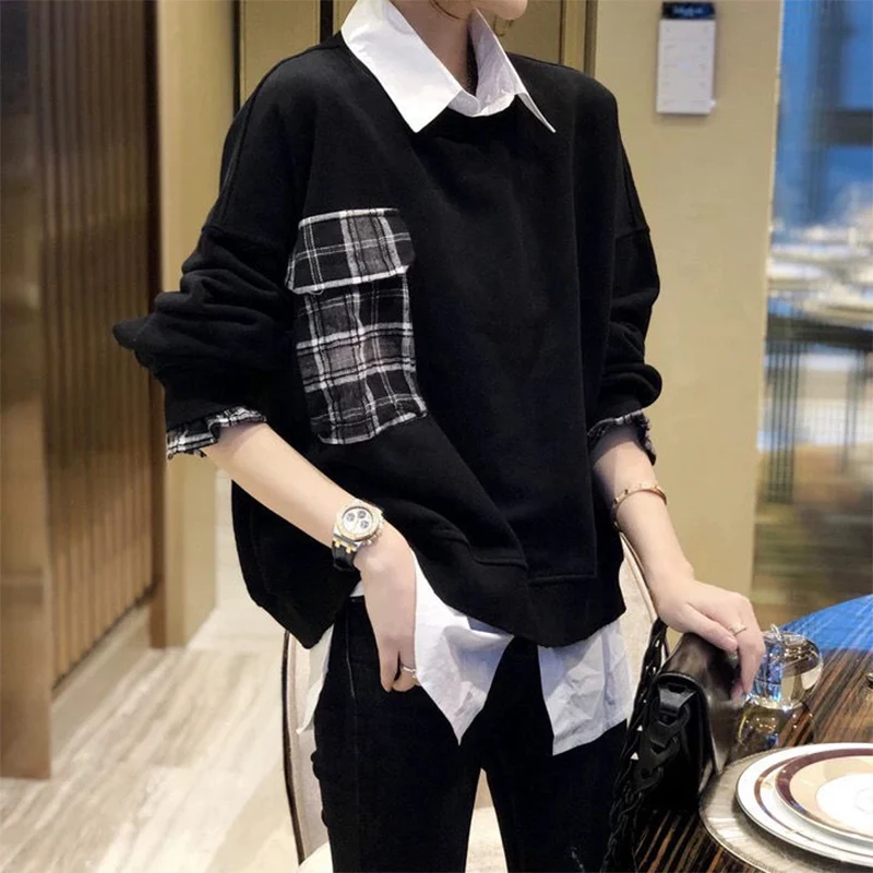 Top Trends: Autumn Winter New Y2K Fashion Harajuku Sweatshirts Lady Plaid Patchwork Tops Women Loose Casual All Match Long Sleeve Undershirt Shoppable Styles