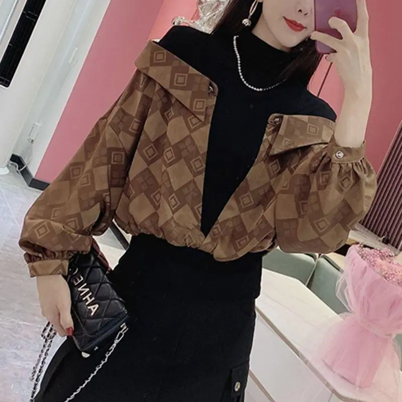 Top Trends: Vintage Printed Stand Collar Fake Two Pieces Blouses Women Clothing 2023 Autumn Winter Loose Korean Tops Casual Shirts Shoppable Styles