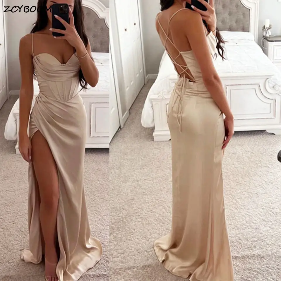 Top Trends: Sexy Mermaid High Slit Formal Evening Dresses 2023 Spaghetti Straps Open Back Sweetheart Long Party Prom Gowns Robes De Soirée Shoppable Styles