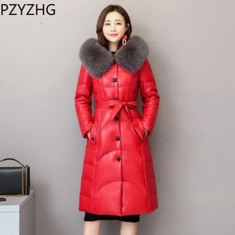 Top Trends: Women 2023 New Leather Coat Fur Imitation Fox Fur Collar Mid Length Hooded Cotton Thickened Slim PU Coat All-match Hin Thin Shoppable Styles