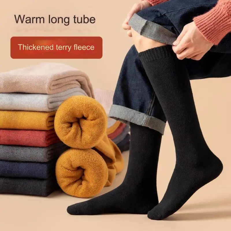 Top Trends: 3 Pair Winter Men&#039;s Thick Warm Knee Socks Pure Cotton Fashionable Long Socks High Quality Terry Calf Socks For Men Shoppable Styles