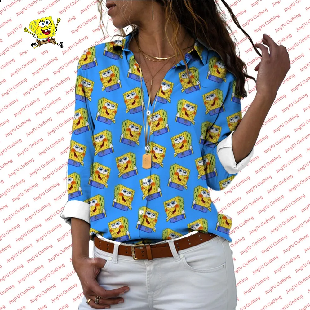 Top Trends: 2024 Fashion New Lapel Long Sleeve Single Breasted Shirt Spongebob Pattern Printed Women&#039;s Casual All-match Shirt Y2k Shoppable Styles