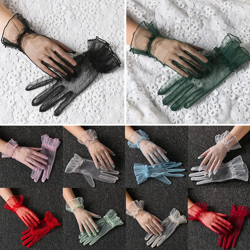 Top Trends: Summer Women Short Tulle Gloves Wedding White Black Elegant Gloves Stretchy Lace Full Finger Mittens Mesh Transparentes Gloves Shoppable Styles - Image 4