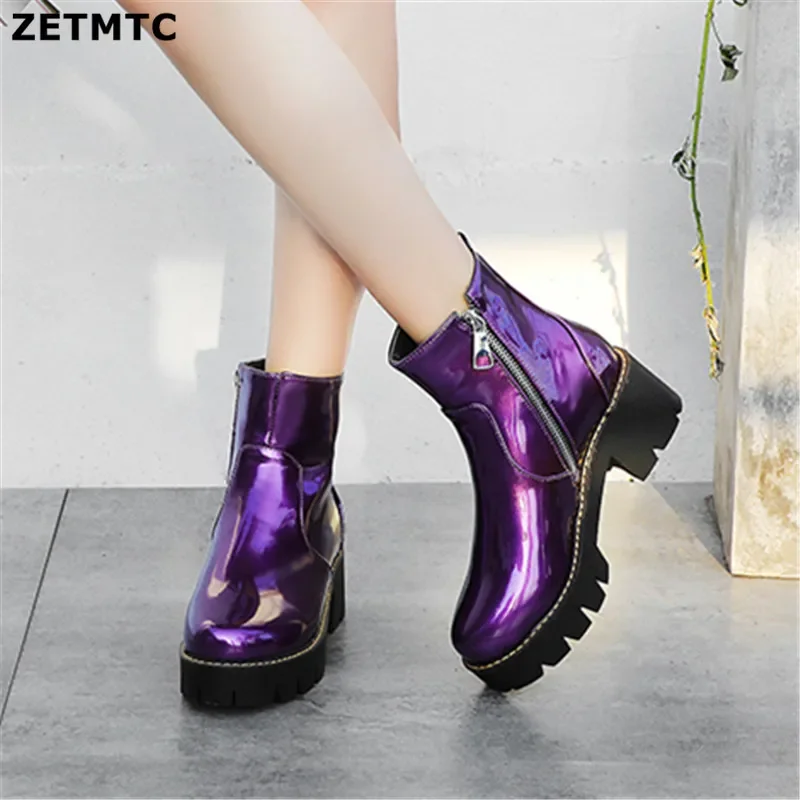 Top Trends: Women Laser Shining Patent Leather Ankle Boots Street Riding Chunky Heels Platform Short Plush Lining Winter Booties Young Shoes Shoppable Styles