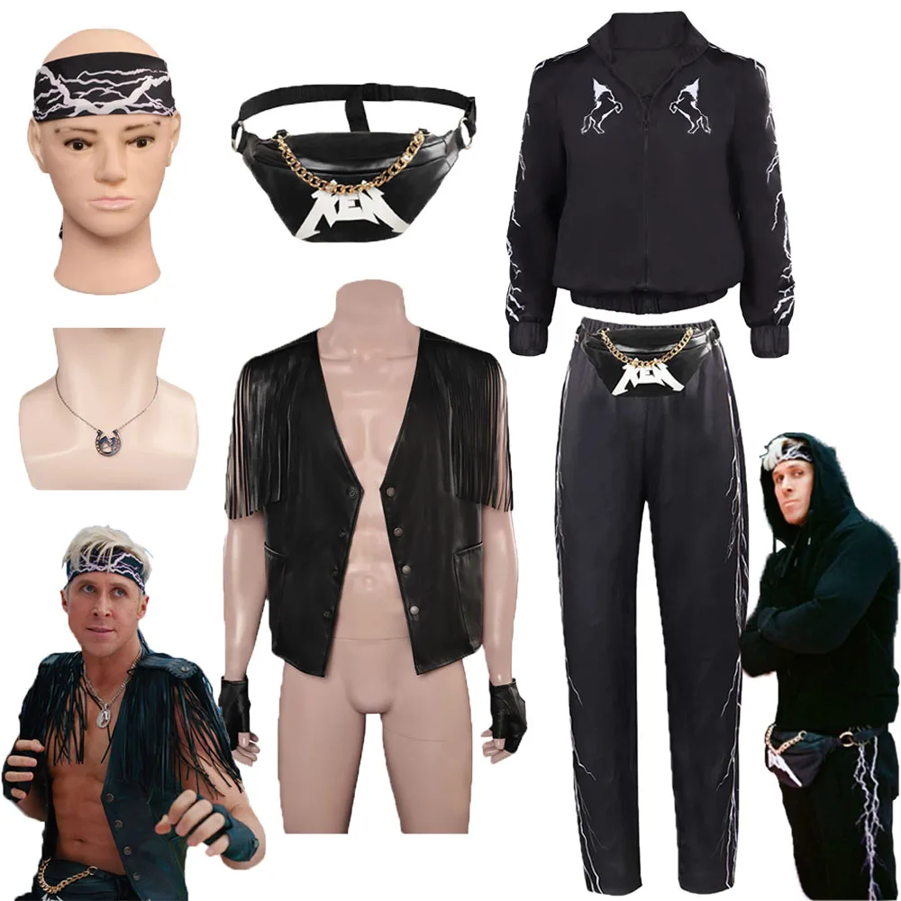 Top Trends: Ken Cosplay Fantasia Black Jacket Vest Headband Waist Bag Necklace Pants Barbier Costume Adult Men Halloween Carnival Party Suit Shoppable Styles