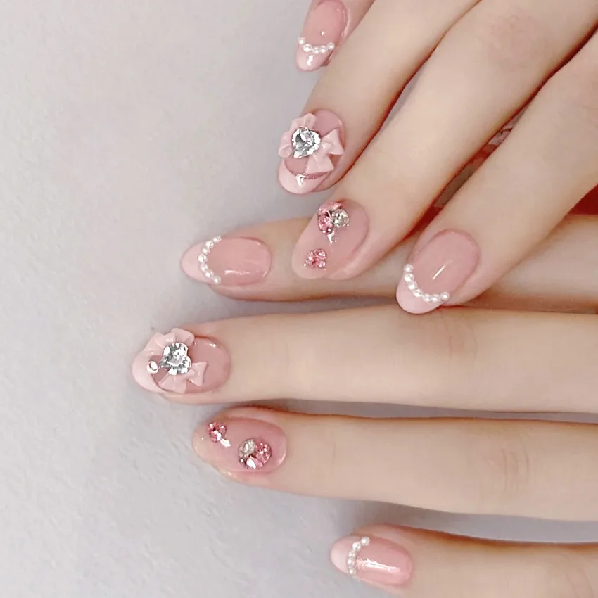 Top Trends: 24Pcs / Set Pink Bow French Fake Nails Art Cute With Diamonds Girls Reusable Ballet Press On Nail Tips Oval Acrylic Stick On Nails Shoppable Styles