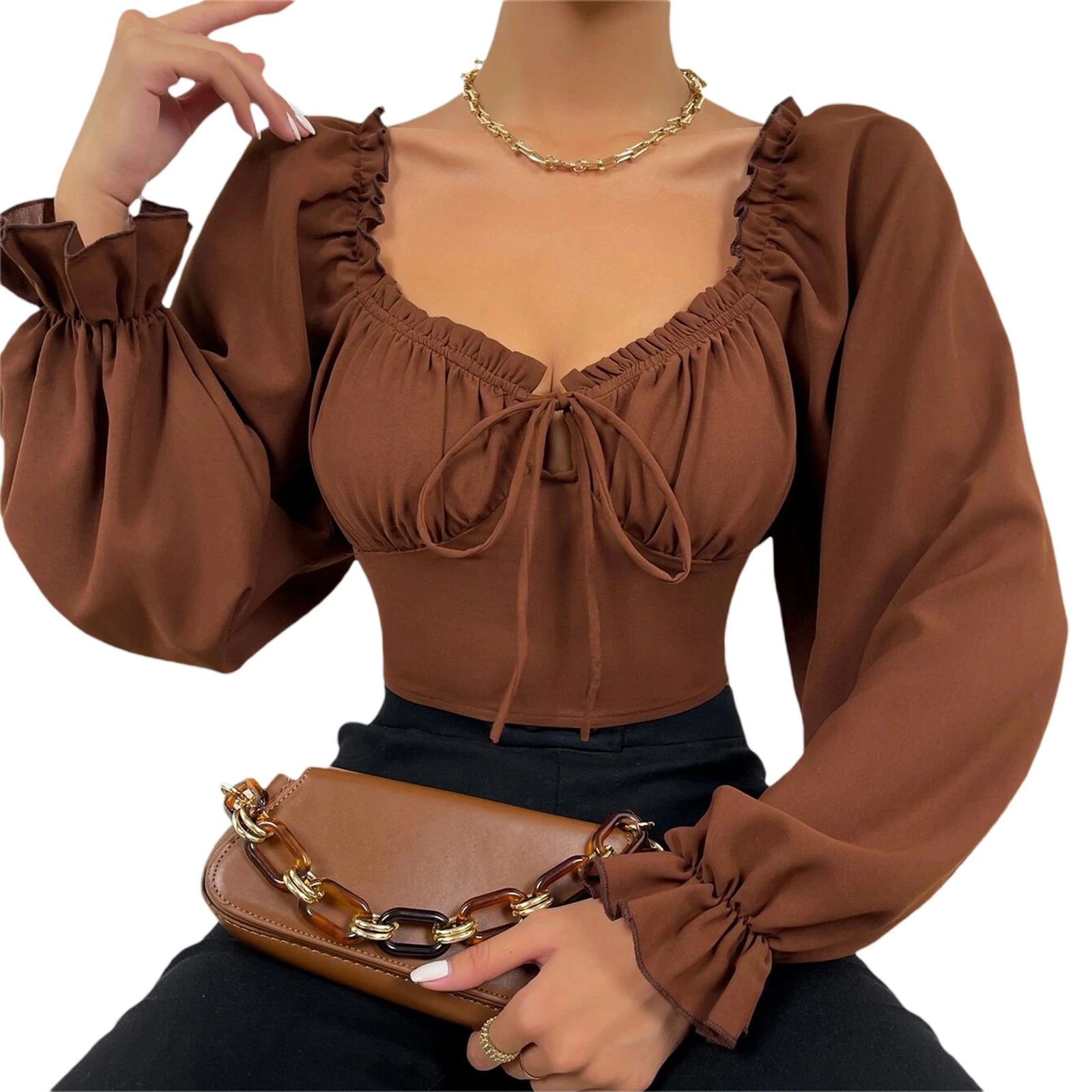 Top Trends: Women Fashion Elegant Blouse Shirt Ladies Long Sleeve Ruffled Drawstring Casual Spring Summer Crop Tops Shoppable Styles