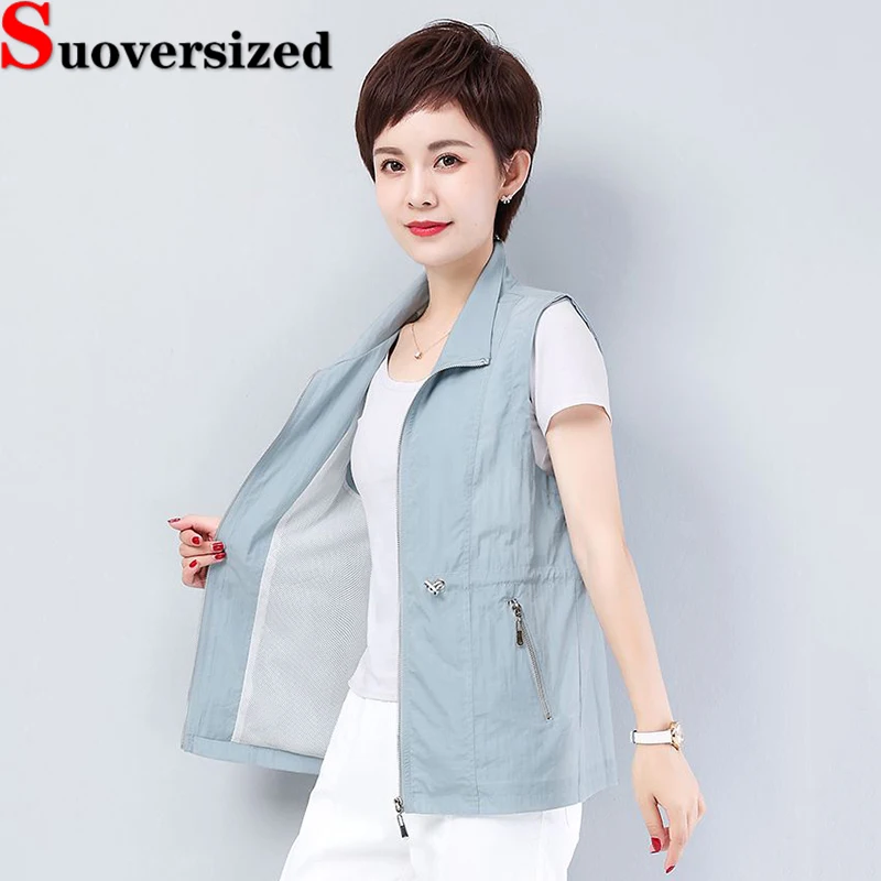 Top Trends: Spring Summer Thin Vest Oversized 4xl Women Sleeveless Jackets Casual Sun Protection Waistcoat Loose Turn-down Collar Chaleco Shoppable Styles