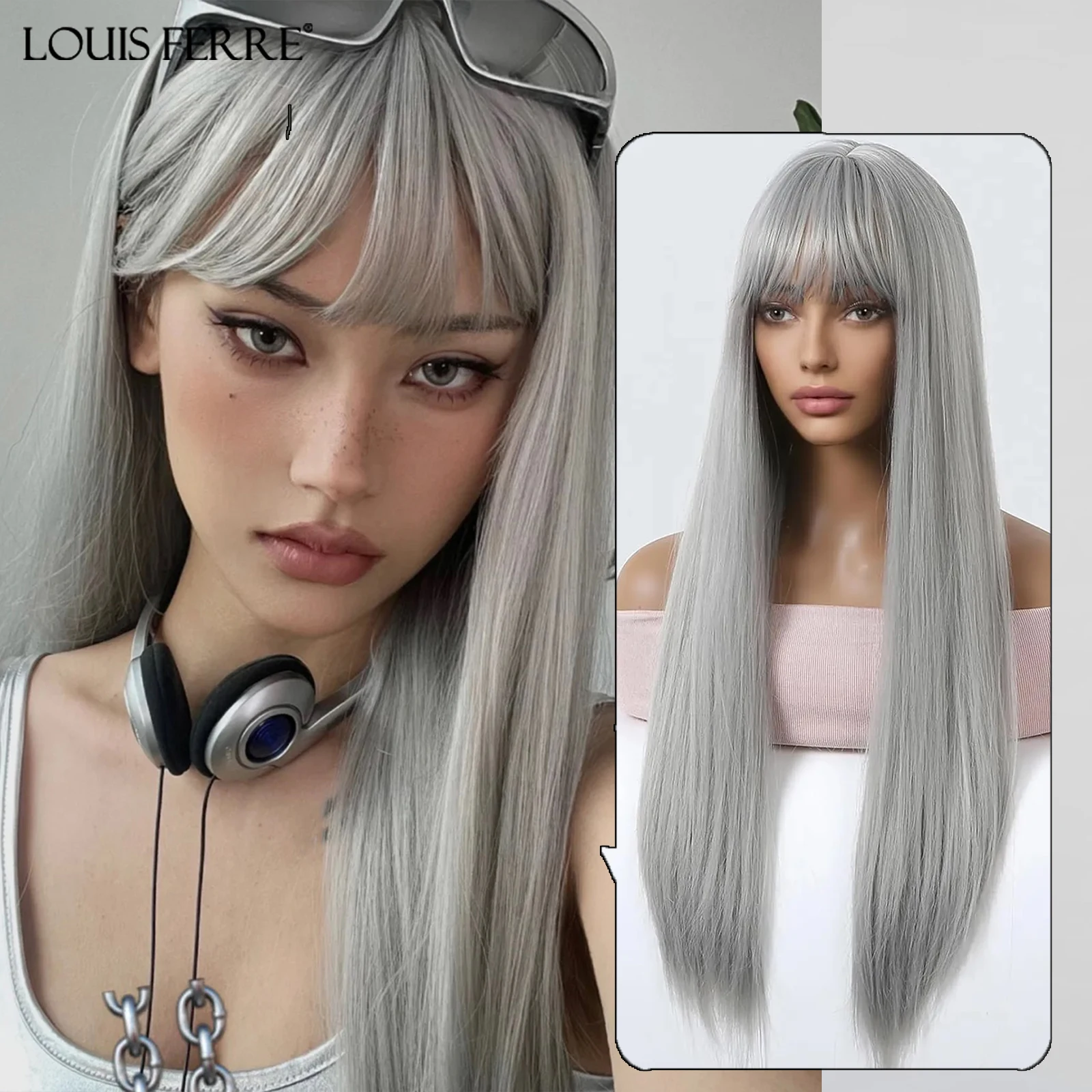 Top Trends: LOUIS FERRE Long Straight Synthetic Wigs For Women Silver Gray Natural Wigs With Bangs Cosplay Halloween Heat Resistant Fake Wig Shoppable Styles