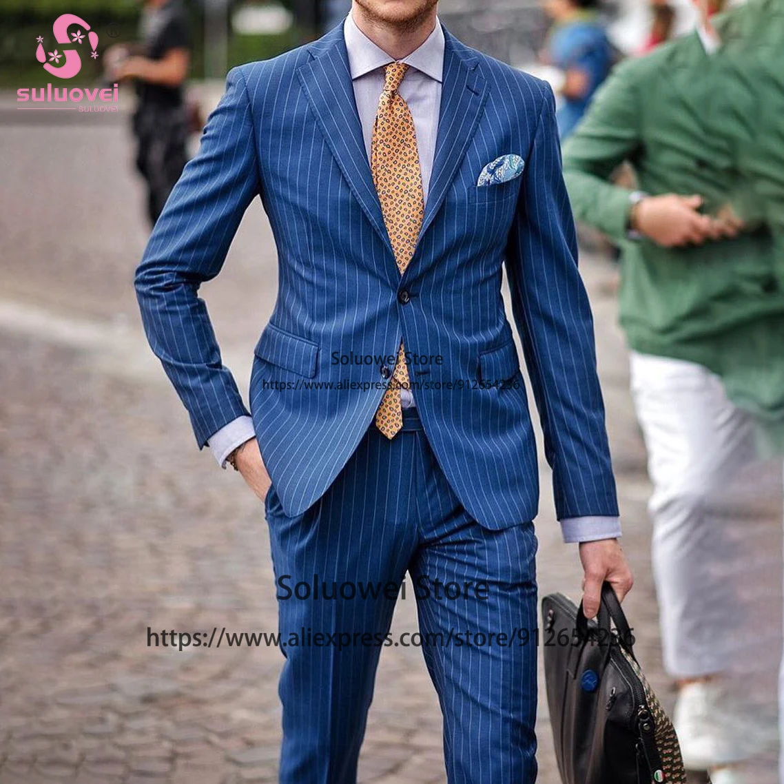 Top Trends: Fashion Blue Striped Suit For Men Slim Fit 2 Piece Jacket Pants Set Male Business Blazer Formal Groom Wedding Notch Lapel Tuxedo Shoppable Styles