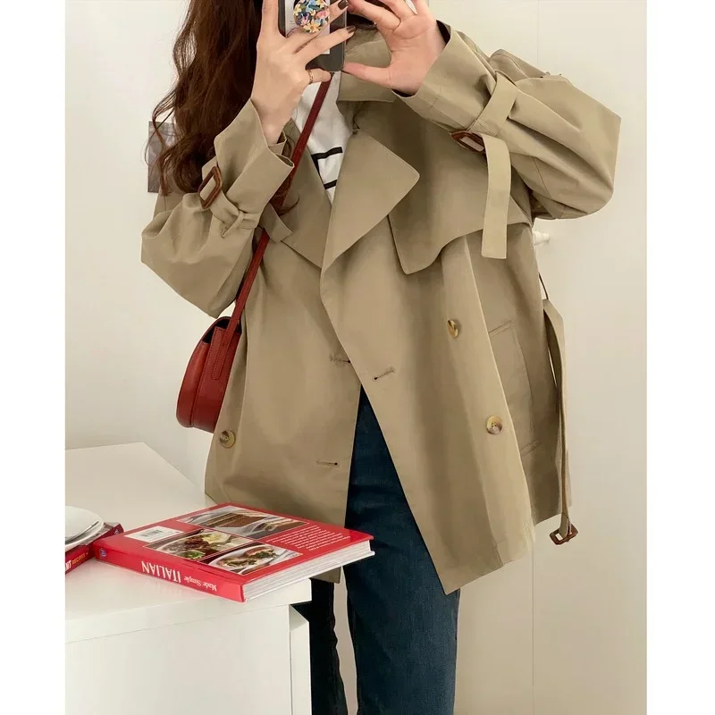 Top Trends: England Style Short Trench With Belt Women Fashion Lapel Double Breasted Blazers Spring Autumn Solid Colors Lapel Chic Thin Coat Shoppable Styles