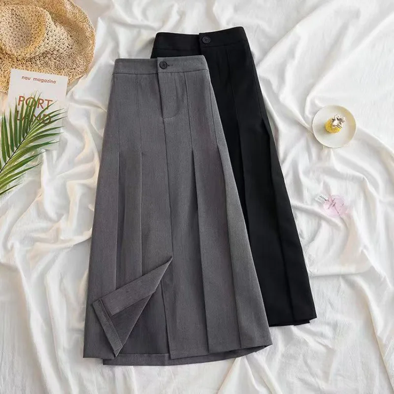 Top Trends: Black Gray Pleated Long Skirt For Women 2023 Spring Japanese Style High-Waist Skirts Woman Office Streetwear Midi Skirt Shoppable Styles