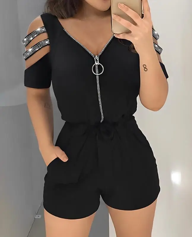 Top Trends: Summer Outfits For Women 2023 Fashion Zipper Design Cutout Cold Shoulder Short Sleeve Top & Casual High Waist Shorts Set Y2k New Shoppable Styles - Image 2