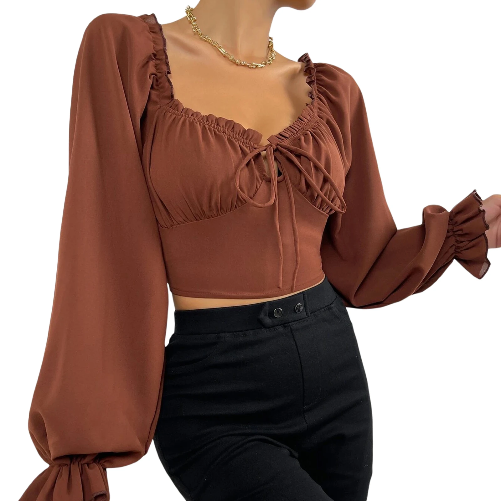 Top Trends: Women Fashion Elegant Blouse Shirt Ladies Long Sleeve Ruffled Drawstring Casual Spring Summer Crop Tops Shoppable Styles - Image 3