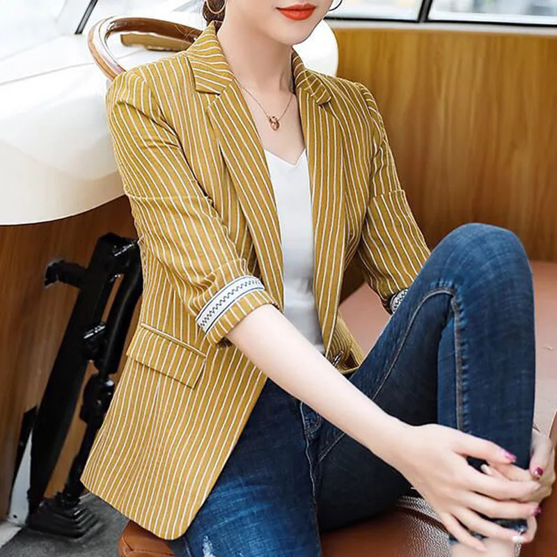 Top Trends: 2023 New Spring And Autumn Fashion Temperament Commuter Simple Stripe Slim Fit Korean Casual Medium Sleeved Women's Suit Jacket Shoppable Styles - Image 3