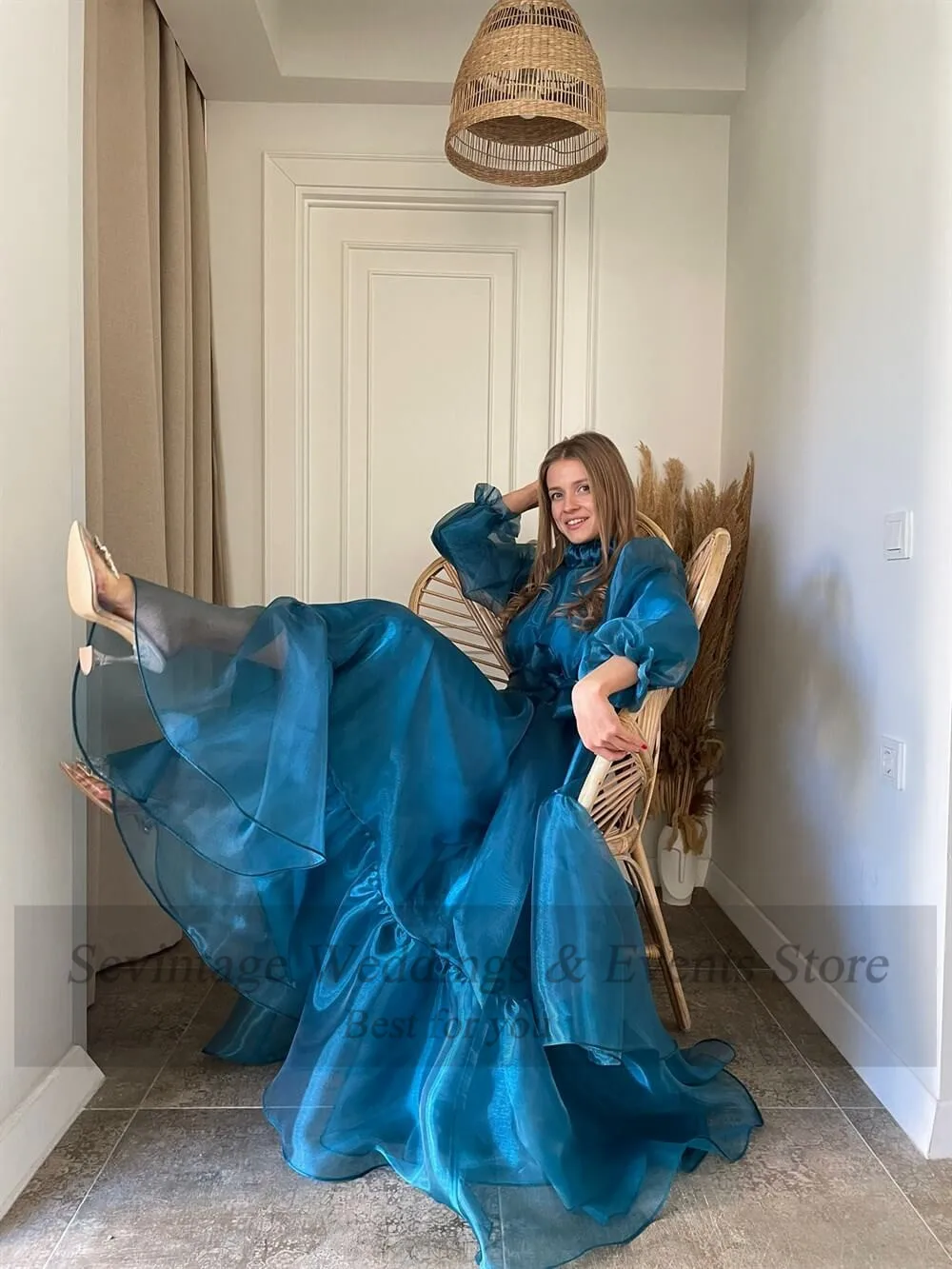 Top Trends: Sevintage Teal Blue Organza Prom Dresses Puff Lined Long Sleeves Wedding Party Dress High Neck Ankle Length Women Evening Gowns Shoppable Styles - Image 4