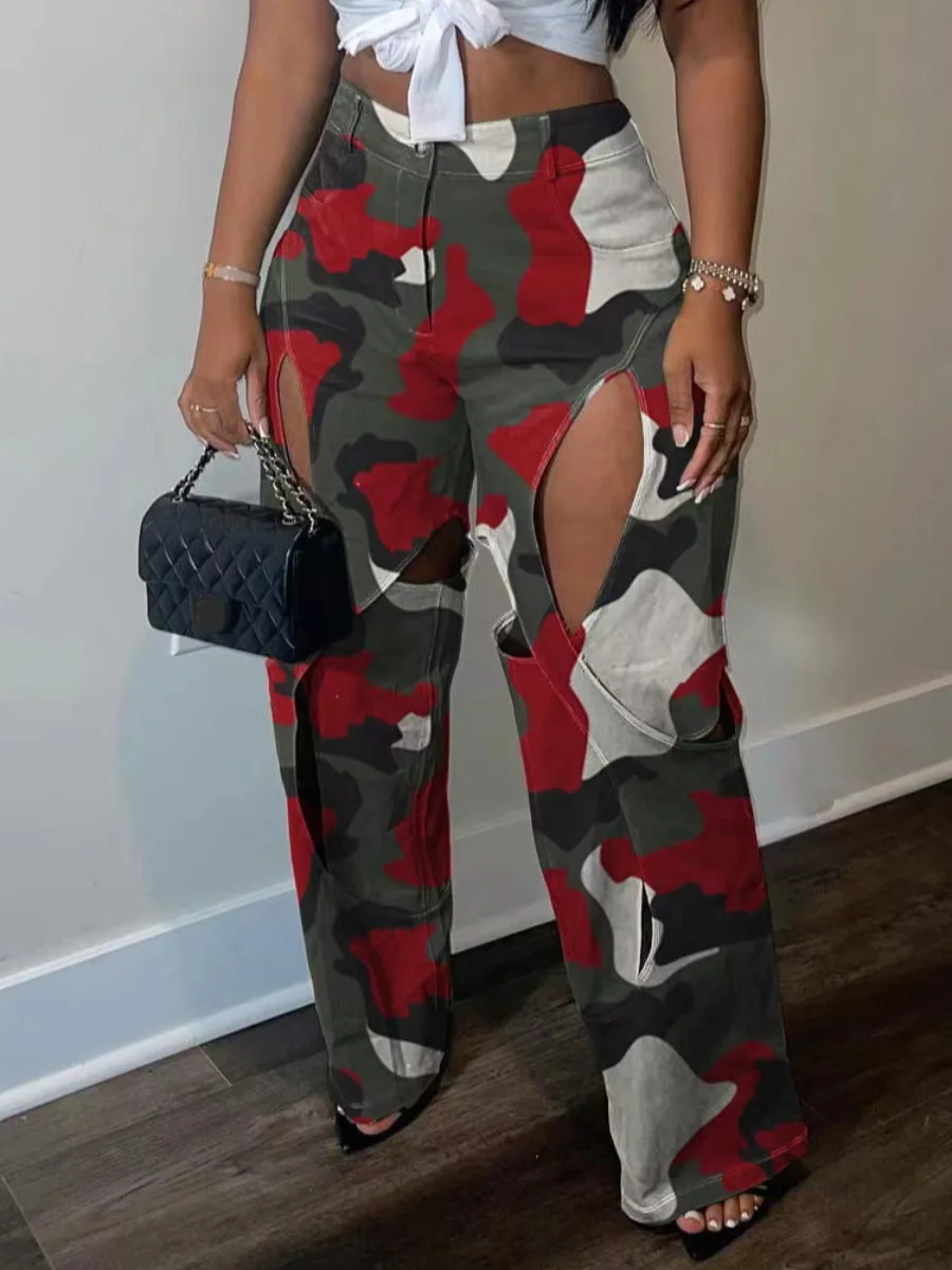 Top Trends: LW Camo Hollow Out Multicolor Pants Casual Loose Camouflage Print Streetwear Y2K Women's Cargo Pants Cutout Wide Leg Trousers Shoppable Styles - Image 2