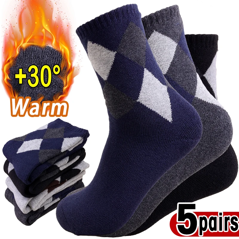 Top Trends: 5pairs Winter Men&#039;s Grid Merino Wool Socks Super Thick Warm High Quality Harajuku Retro Snow Casual Antifreeze Cashmere Socks Shoppable Styles