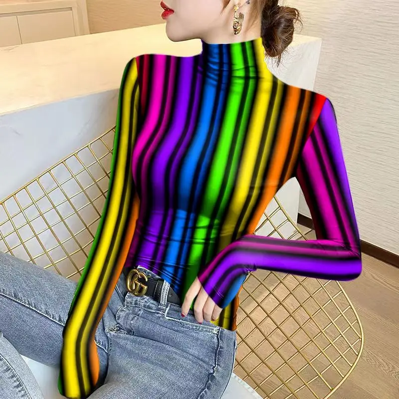 Top Trends: Women&#039;s Half High Neck Thin Bottom Tops 2023 Autumn And Winter Fashion Color Striped Long Sleeve Slim Pullover All-match T-shirt Shoppable Styles