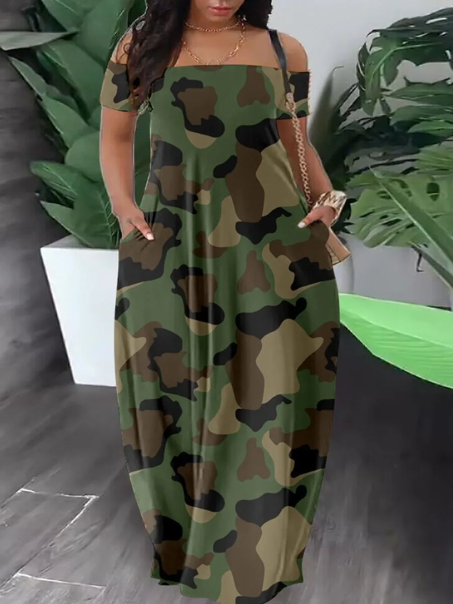 Top Trends: LW Bateau Neck Camo Off The Shoulder Maxi Dresses Short Sleeve Floor Length Camouflage Casual Summer New Women Clothings Shoppable Styles