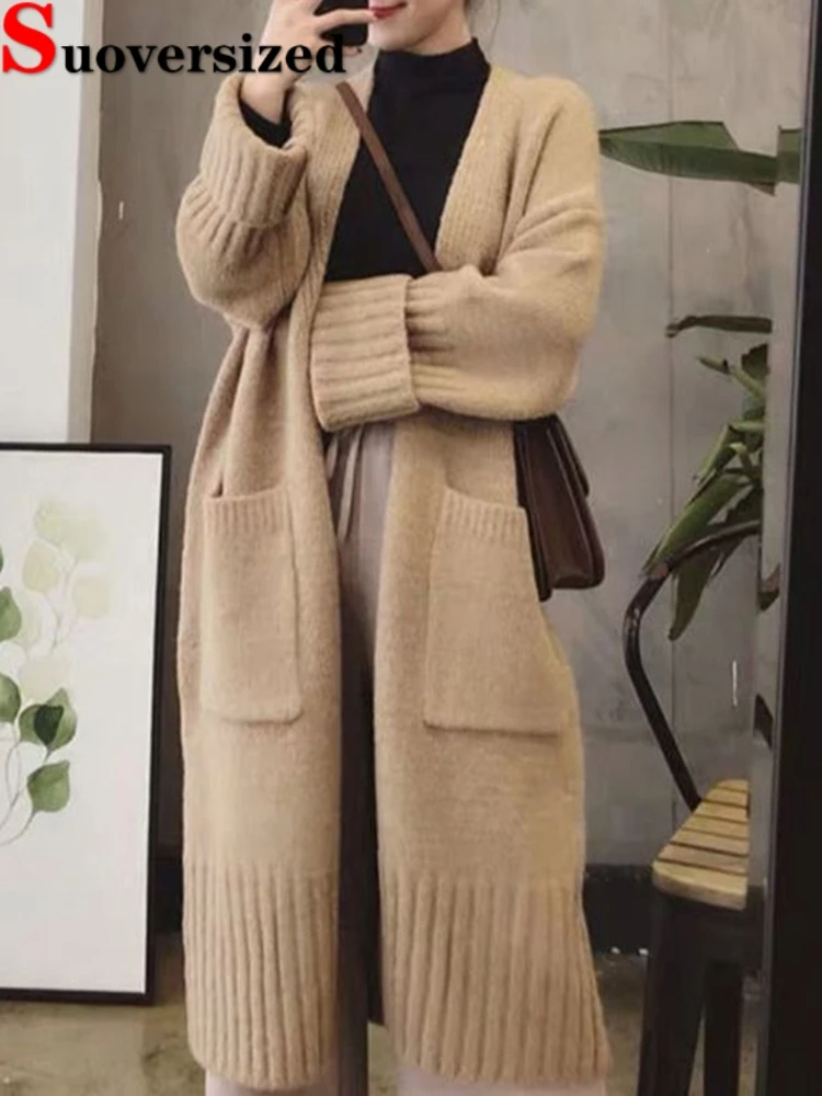 Top Trends: Korean Knitted Cardigan Winter Thick Warm Mid-length Sweater Oversize 80kg Loose Women Tops Long Sleeve Vintage Knitwears Gilet Shoppable Styles