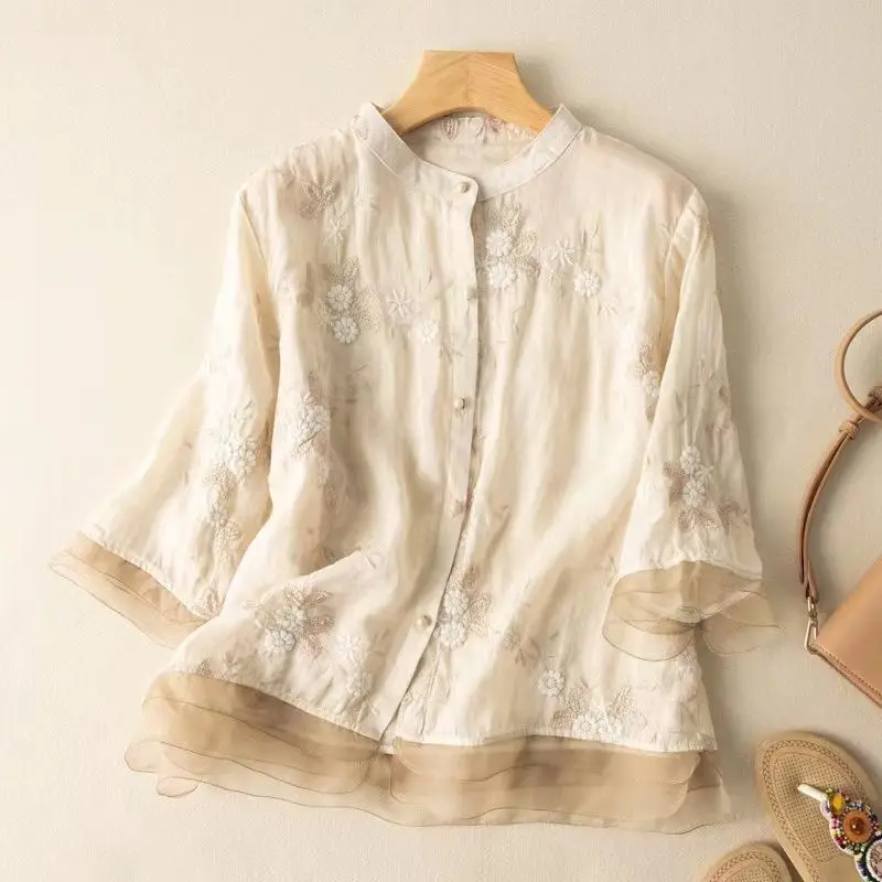 Top Trends: Women's Spring And Summer Art Retro Spliced Three Quarter Gauze Stand Neck Single-breasted Breasted Folk Embroided Cardigan Tops Shoppable Styles