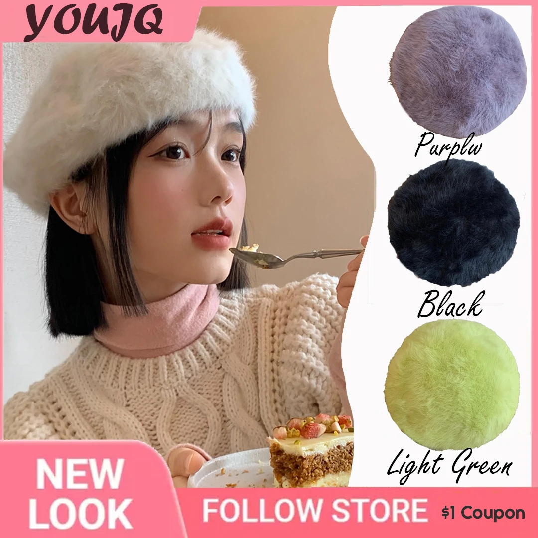 Top Trends: Y2K Rabbit Fur Beret Hat Female Autumn Winter Warm Candy Color All-match Sweet Cute Painter Hats Brim Newsboy Cap Gorras Shoppable Styles