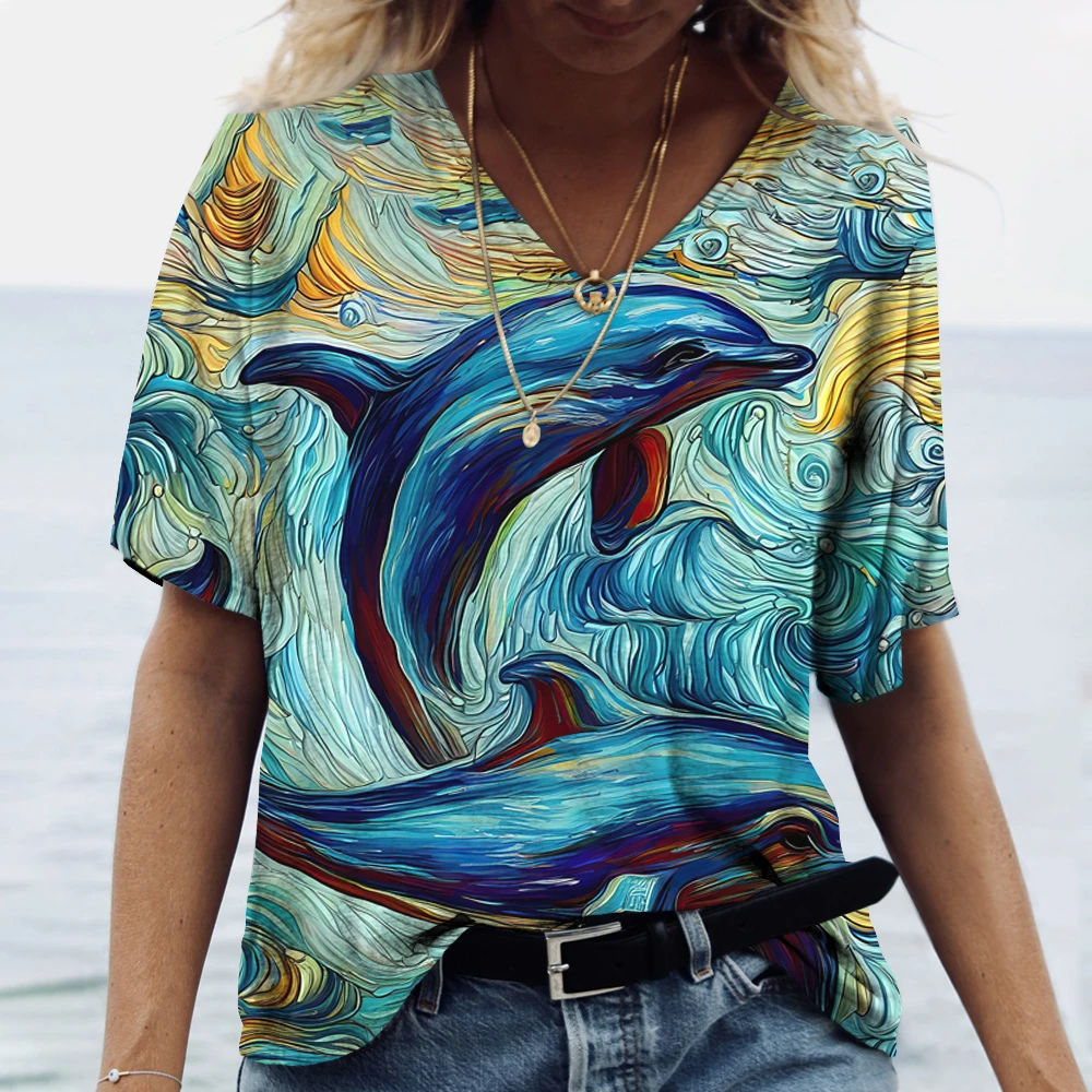 Top Trends: 2023 Women's T-Shirts Dolphin Print Tops V Neck Fashion Female Vintage Clothing Aesthetics Tees Loose Oversized Funny T Shirts Shoppable Styles