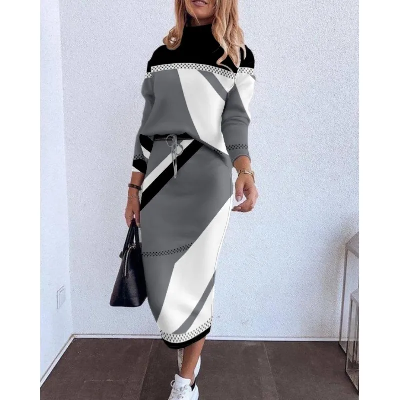 Top Trends: Trend Long Sleeve Tshirt Tops Women Two Piece Sets Outfits Skinny Skirts Clothing Turtleneck Fashion Casual Tops Pencil Skirts Shoppable Styles