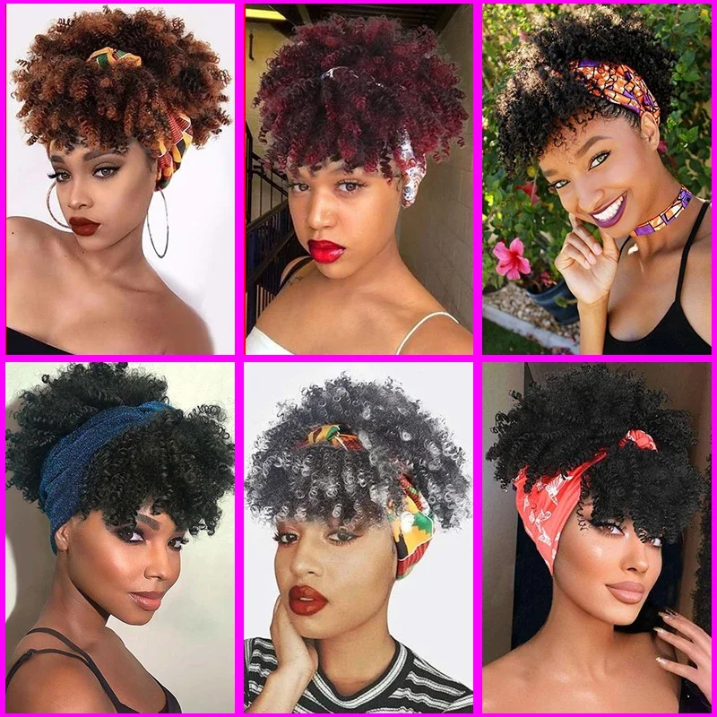 Top Trends: Short Kinky Curly Headband Wig Ombre Afro Curly Wig With Head Band Synthetic Scarf Wigs For Women Cosplay Hair High Temperature Shoppable Styles - Image 2