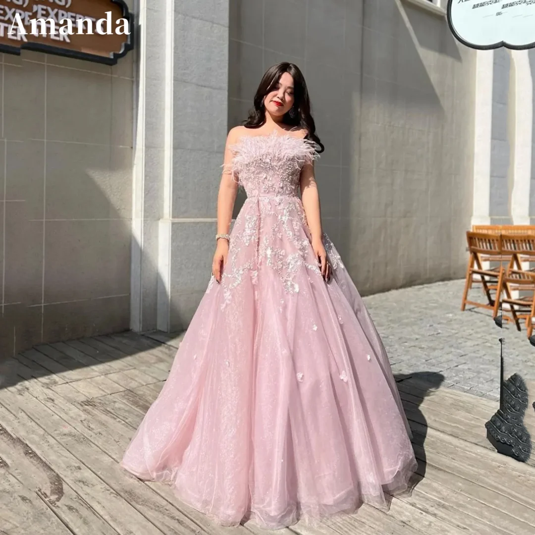 Top Trends: Amanda Pale Pink Ball Gown Prom Dress Lace Embroidery فساتين سهرة سعودية Off Shoulder Ostrich Hair Vestido De Festa Noite Shoppable Styles