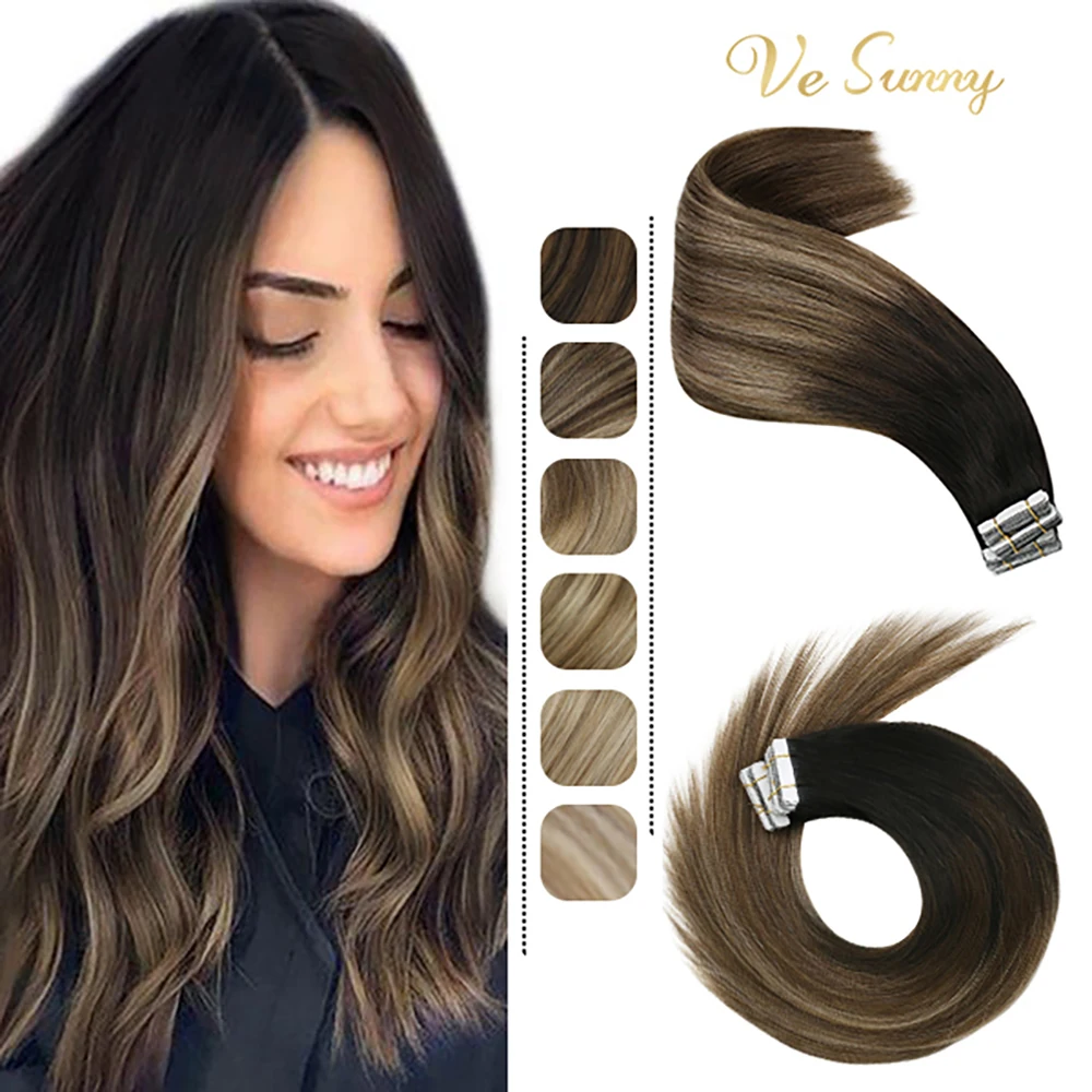 Top Trends: VeSunny Tape In Hair Extensions Human Hair Seamless Skin Weft Hair Extensions Double Sided Balayage Hair Color Adhesive Silky Shoppable Styles