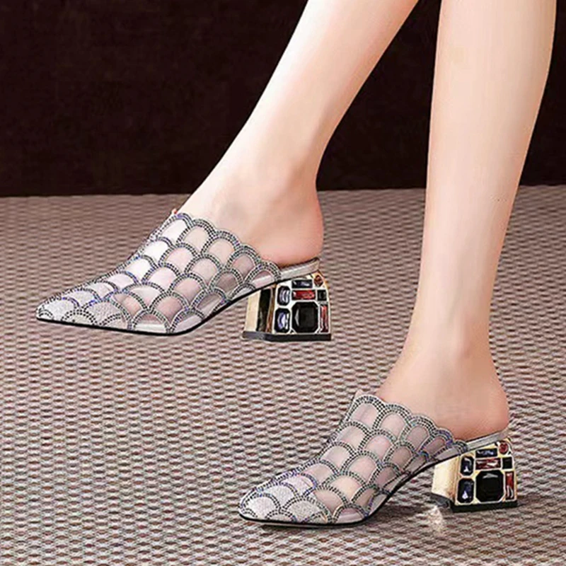 Top Trends: Rhinestone Half Slippers Women&#039;s Thick Heel Square Toe Shoes Summer Breathable Mesh High Heels Sandals Women&#039;s Soft Bottom Mules Shoppable Styles