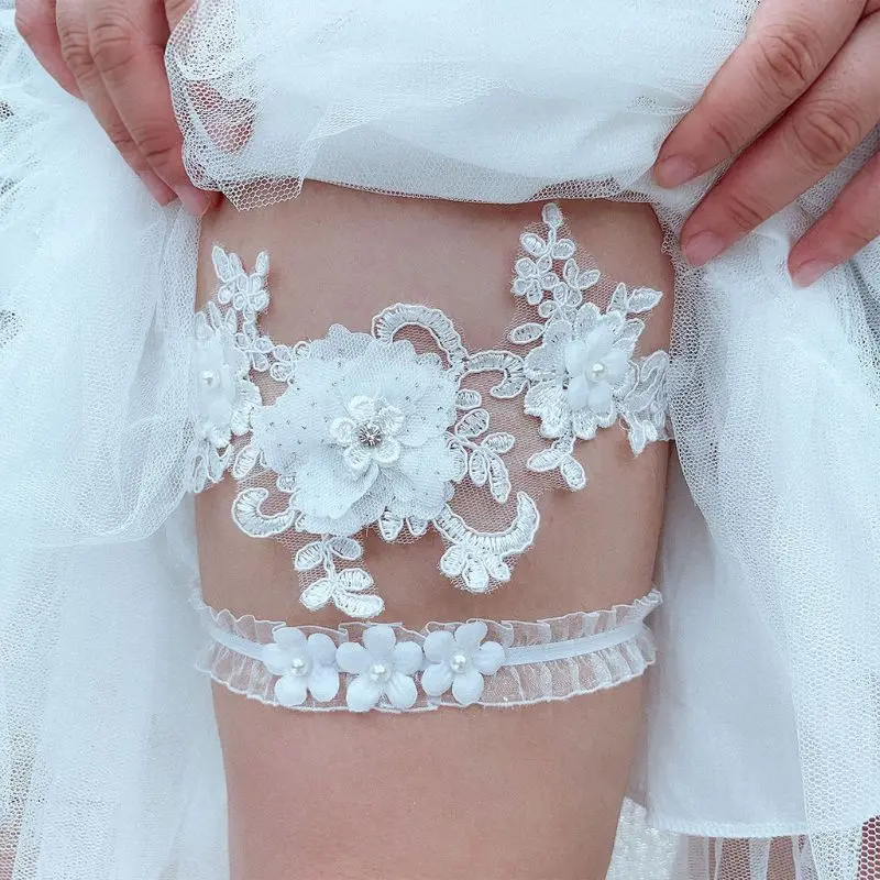 Top Trends: 2Pcs / Set Womens Bridal Stretch Wedding Thigh Rings Embroidery Flower Faux Pearl Rhinestone Jewelry Prom Party Leg Garter Shoppable Styles