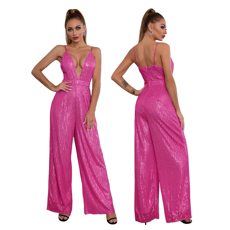 Top Trends: Sexy Sequins One Piece Jumpsuit Women Spaghetti Strap Deep V Neck Club Wear Jumpsuits Shoppable Styles