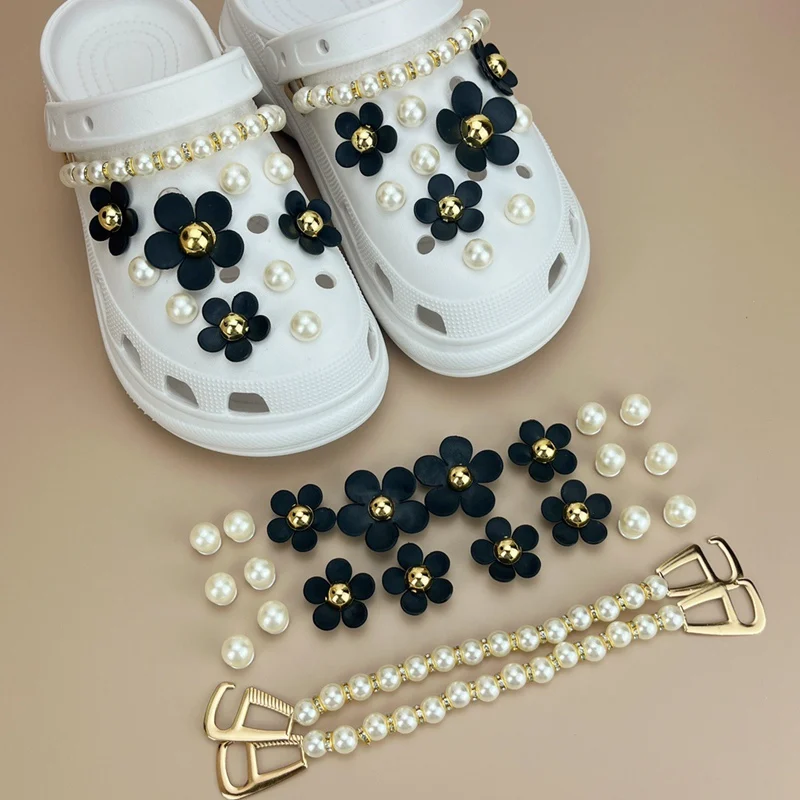 Top Trends: Luxurious Pearls Black Flowers Shoes Charms Sandals Charms Decoration Set For Kids And Women Hole Shoes Accessories Shoppable Styles