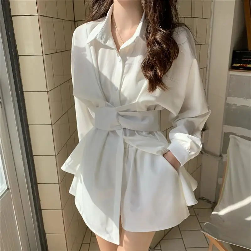 Top Trends: Deeptown Korean One Piece White Shirt Dress Women Office Ladies Elegant Tunic Blouse Dresses Irregular Long Sleeve High Waist Shoppable Styles