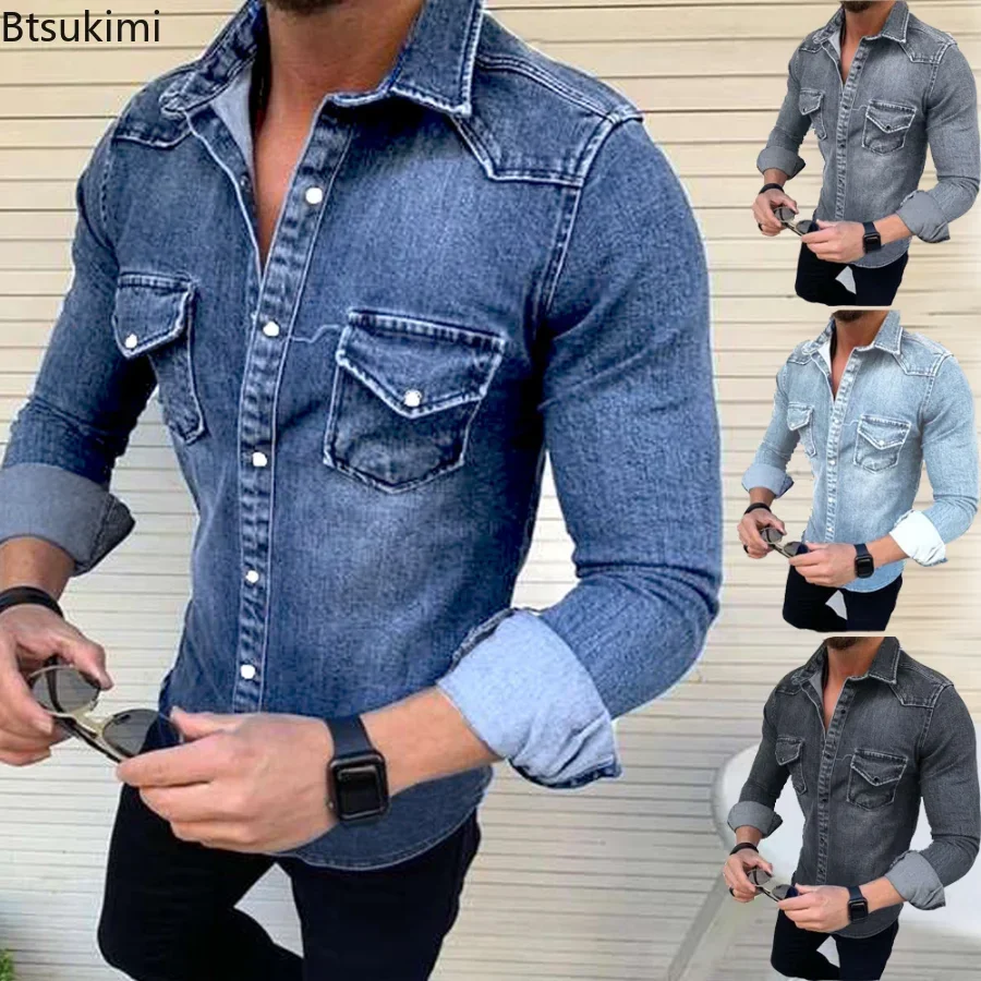 Top Trends: New Spring Autumn Mens Jeans Shirt Long Sleeve Denim Shirts For Men Cotton Two Pockets Slim Elastic Denim Shirts Chemise Homme Shoppable Styles