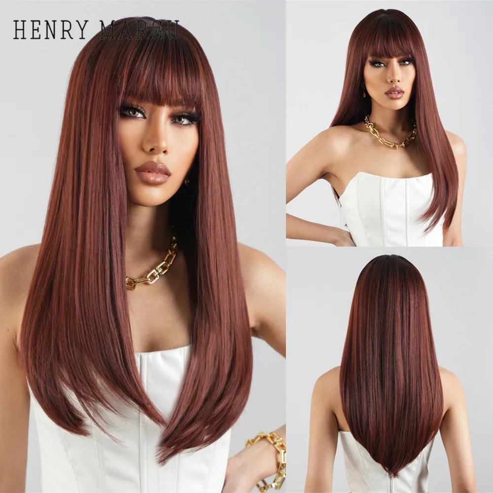 Top Trends: HENRY MARGU Burgundy Wine Red Brown Synthetic Wigs With Bangs Long Straight Wig For Women Daily Cosplay Hair Heat Resistant Shoppable Styles