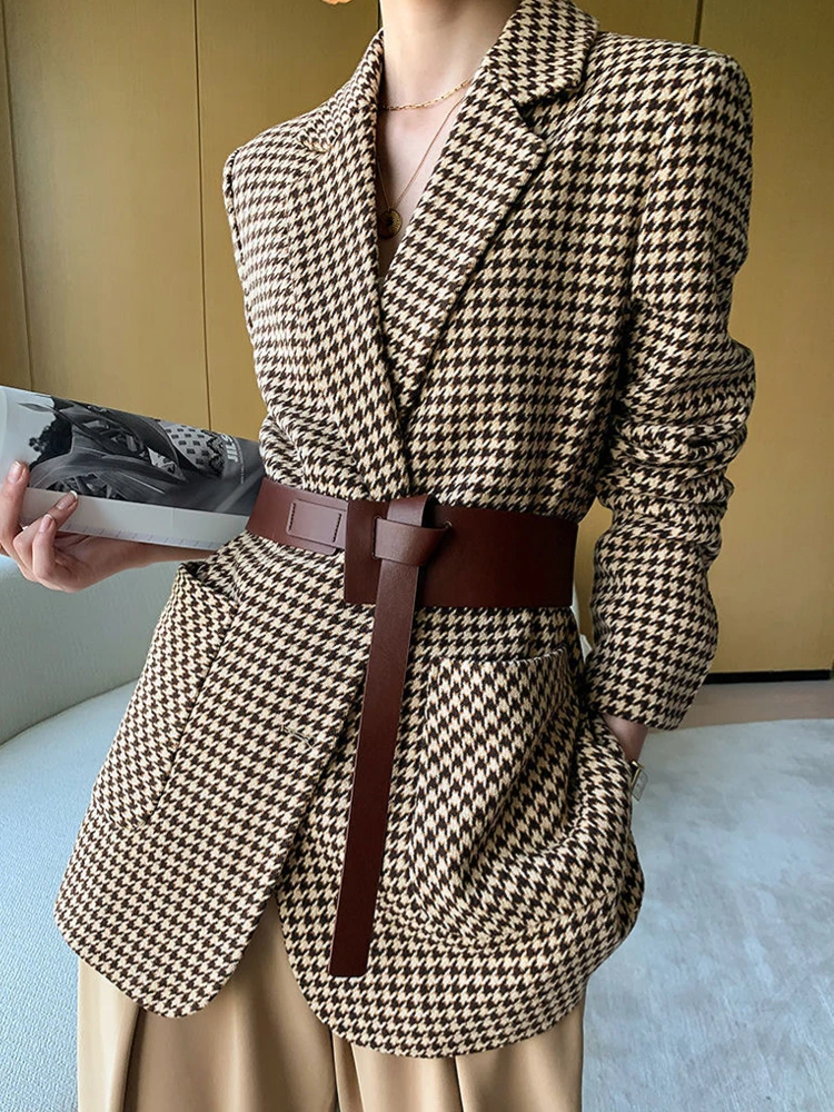 Top Trends: Autumn Women Vintage Houndstooth Woolen Blazer Jackets Fashion Elegant Casual Outerwear Coat With Belt Female Cardigan Clothes Shoppable Styles