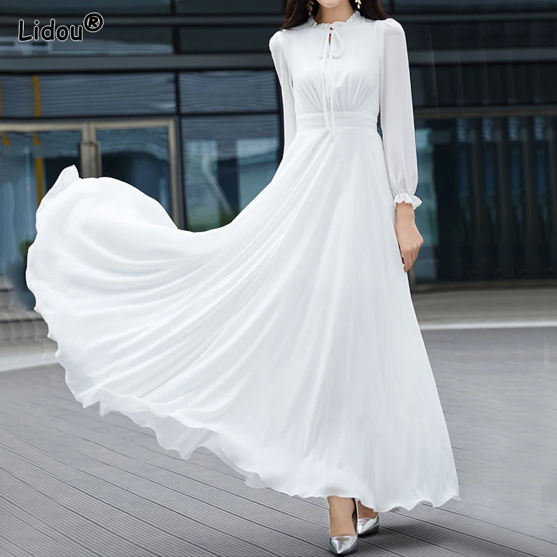 Top Trends: Elegant Casual O-neck Long Sleeve White Slender Dresses Spring Autumn Fashion Belt Empire Chiffon Solid Color Women&#039;s Clothing Shoppable Styles