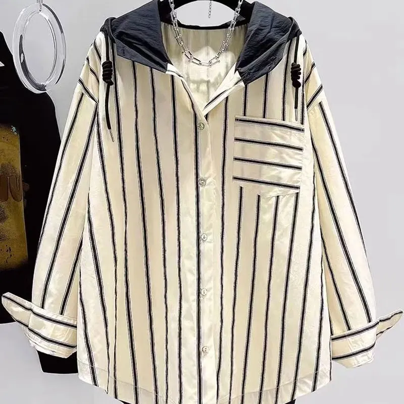 Top Trends: Women&#039;s Clothing Commute Striped Blouse Casual Hooded Spliced Stylish Drawstring Spring Autumn Contrasting Colors Pockets Shirt Shoppable Styles