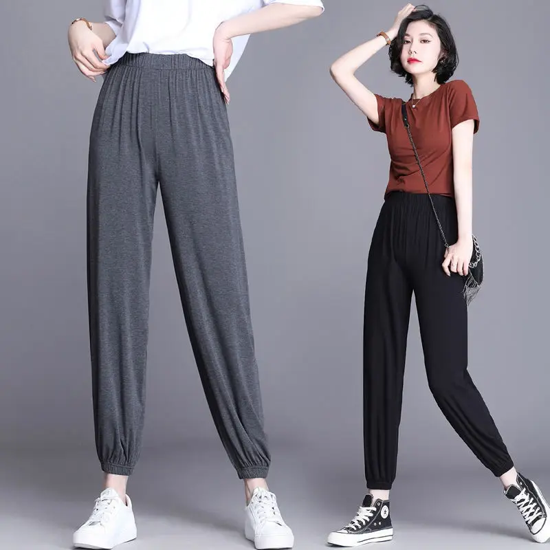 Top Trends: Korean Fashion Women All-match Sweatpants Spring Summer Thin Loose High Waist Elastic Solid Casual Harem Bloomers Trousers 2022 Shoppable Styles